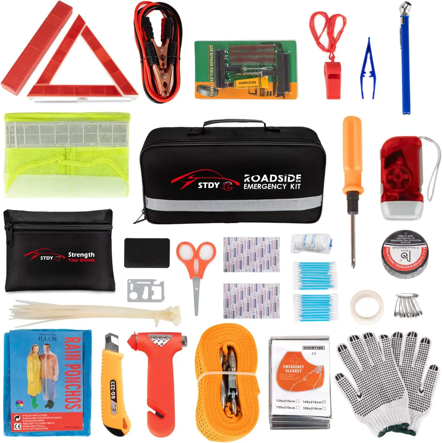 

Complete Car Emergency Kit with Jumper Cables, First Aid, Tow Rope, Reflective Triangle & Tire Gauge for Roadside Safety