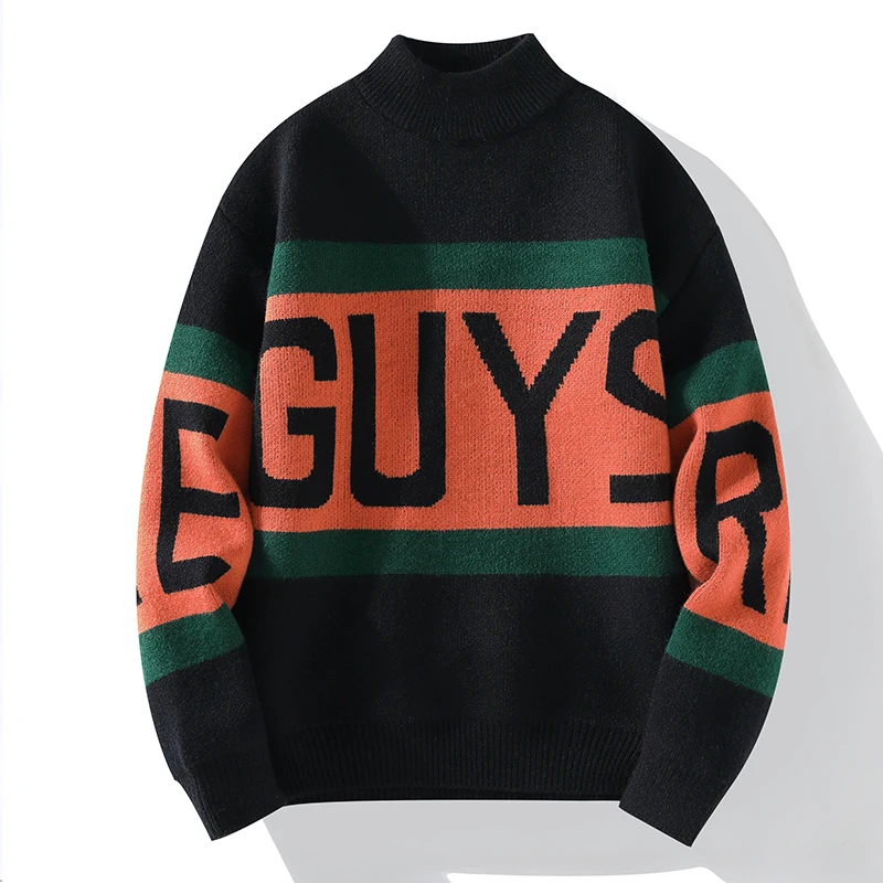 

Autumn Winter Clashing Color Knit Pullover Sweater Men Round Neck Sweater Warm Knit Sweater Trendy Letter Pullovers