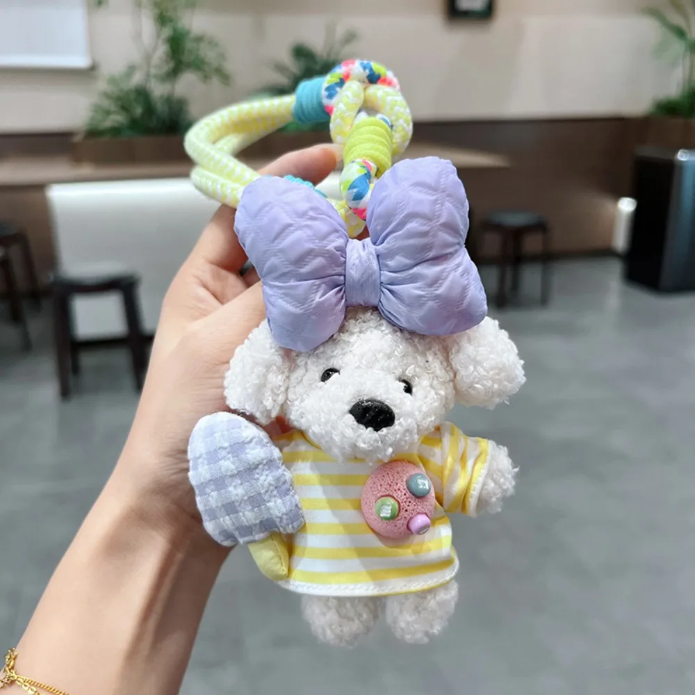 

Funny Cute Cartoon Cartoon Dopamine Dog Keychain Stuffed Fluffy Striped Top Puppy Pendant Soft Bow Car Key Ring Small Gifts