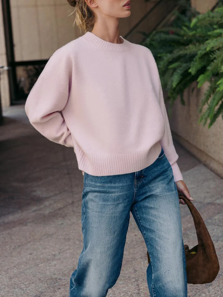 

Европейский и американский стиль, осень 2024, новые поступления, женская одежда, модный мягкий базовый свитер с круглым вырезом и длинными рукавами