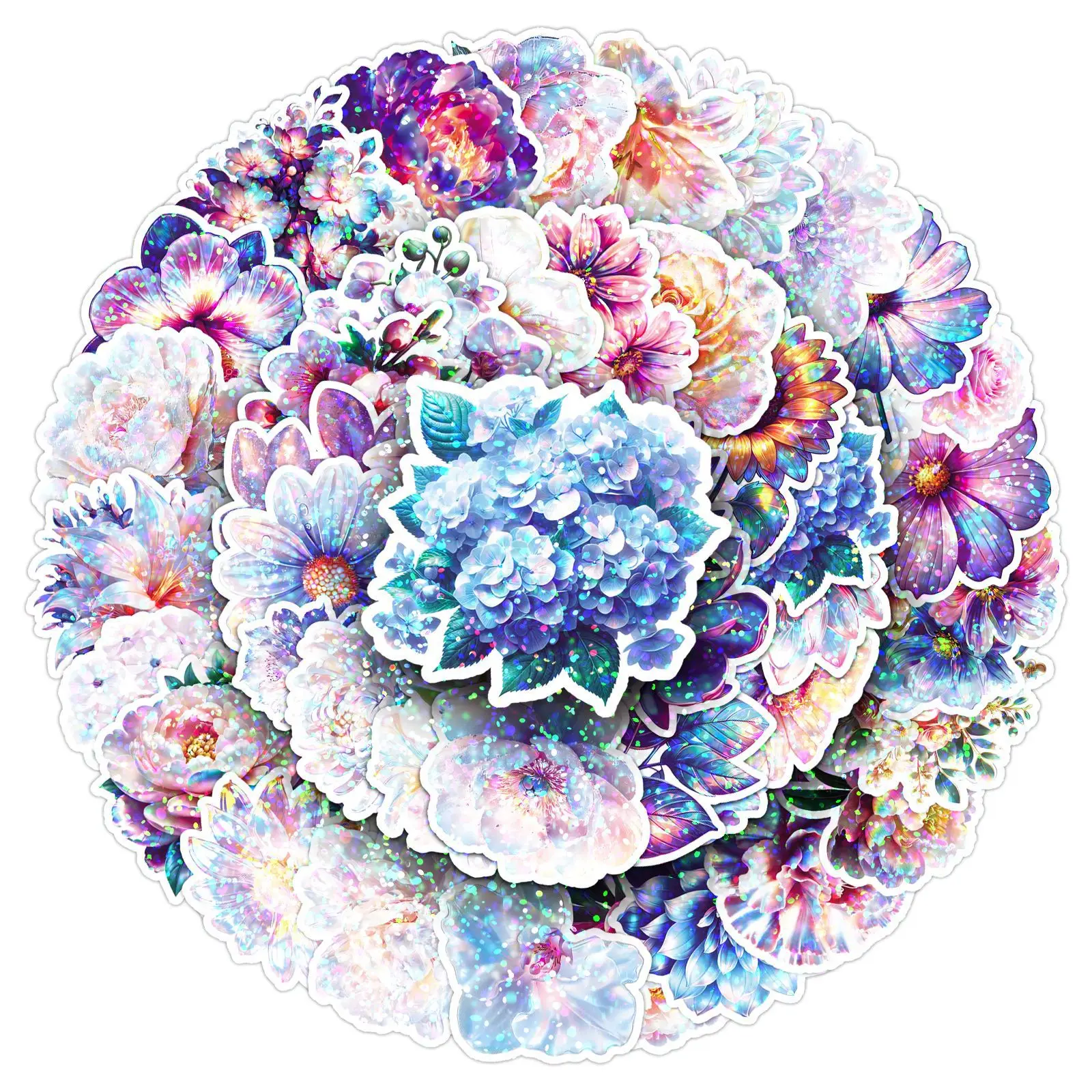 

10/30/50PCS Colorful Flower Flash Film Laser Plant Sticker DIY Phone Laptop Luggage Skateboard Graffiti Decals Fun for Kid