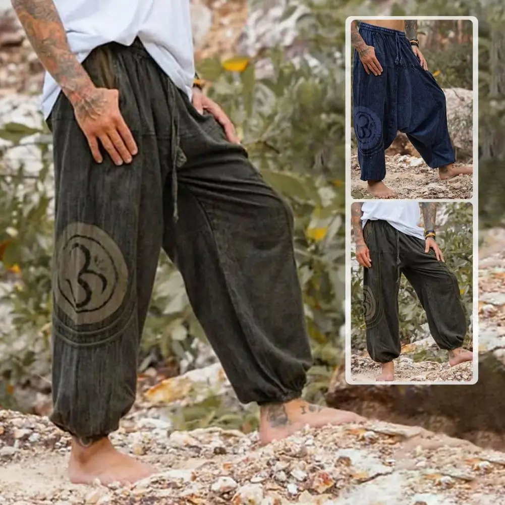 Multi-pocket Bloomers Vintage Ethnic Print Men's Loose Drawstring Pants with Side Pockets Comfortable Daily Wear Trousers