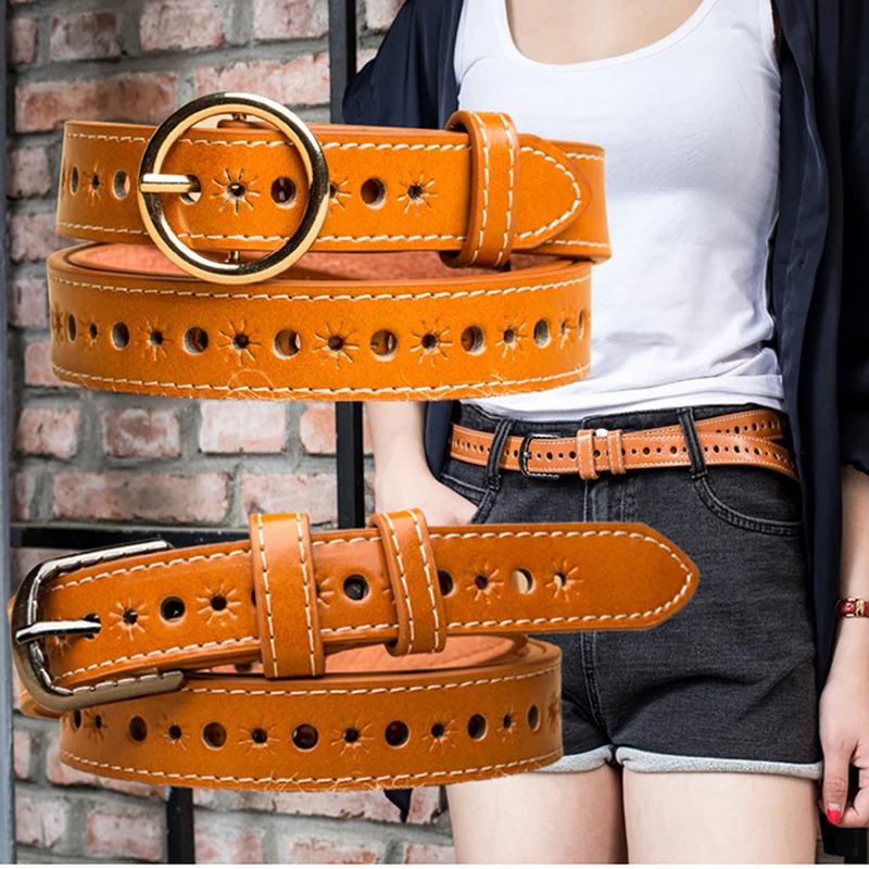 

PU Leather Belt Women Hollow WaistBands with Rectangle Buckle Belts for Jeans Pants Trousers Strap with Holes Eyelet Grommet