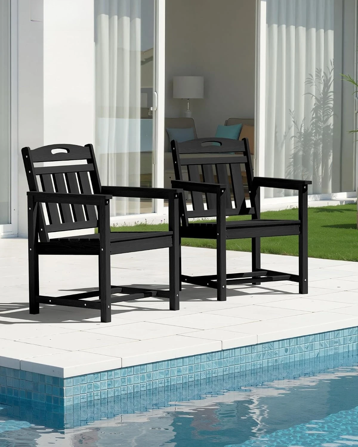 Patio Dining Chairs Set, Weatherproof HDPE Outdoor Armchairs With Wide Seat Ergonomic Support For Garden Backyard Deck Lawn Porch, Modern Minimalist Style, Black, 2 Pieces