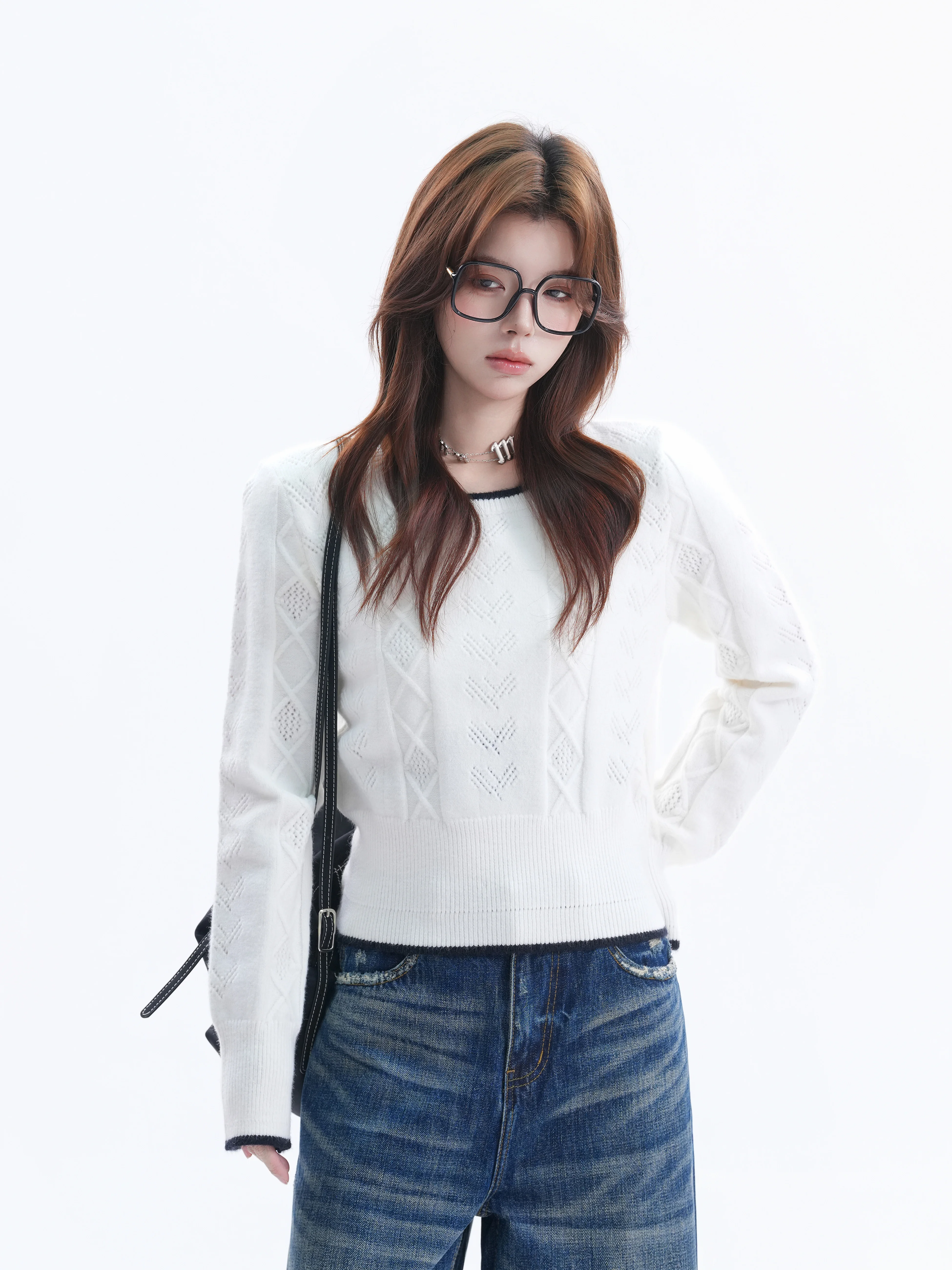 Korean Style College Fashion Hollow out Design Knitted Sweater Women Early Autumn Elegantly Waist Cinched round Neck Sweater