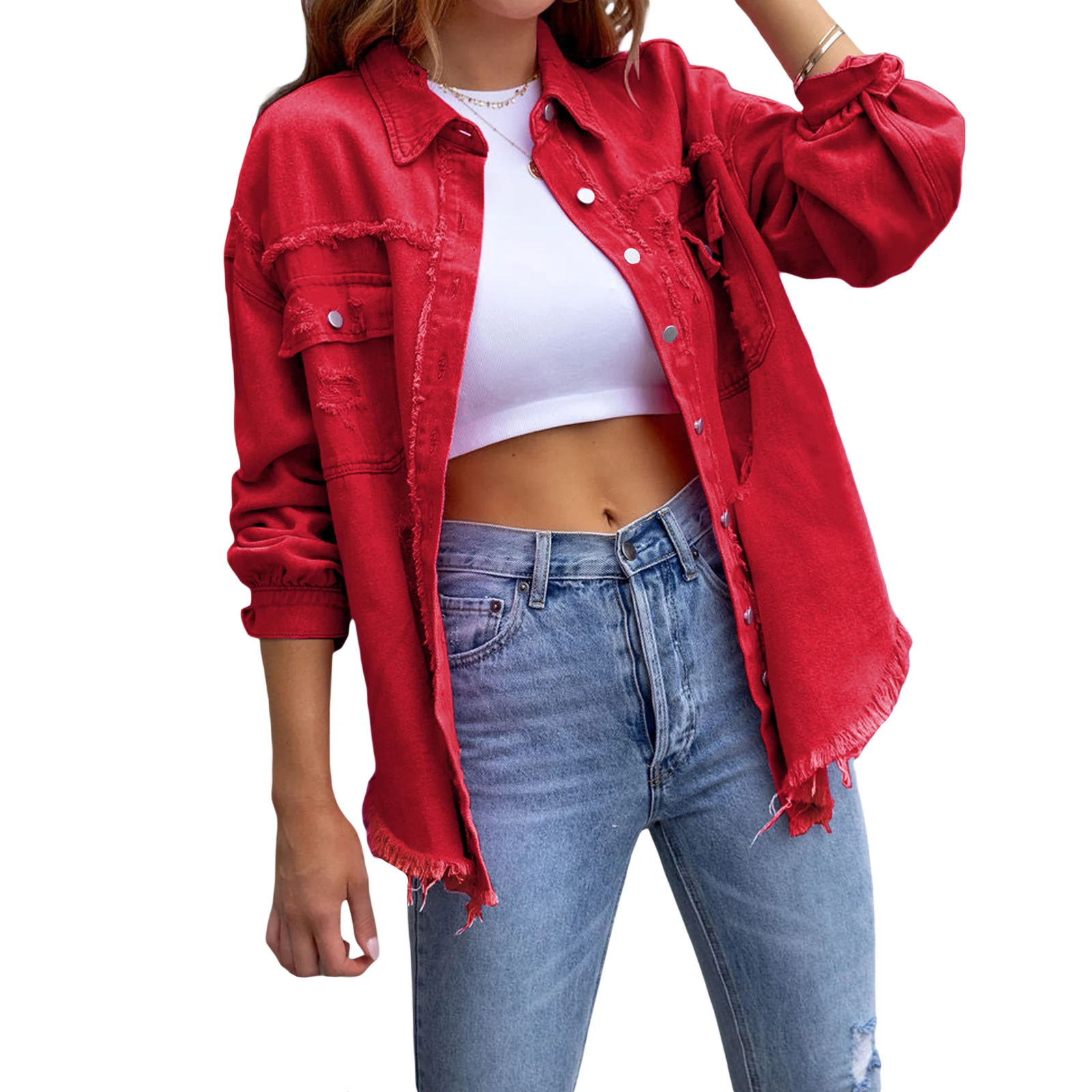 Women\'s Fashion Casual Ripped Distressed Denim Jacket Boyfriend Jean Coat Long Sleeve Button Down Trucker Jacket