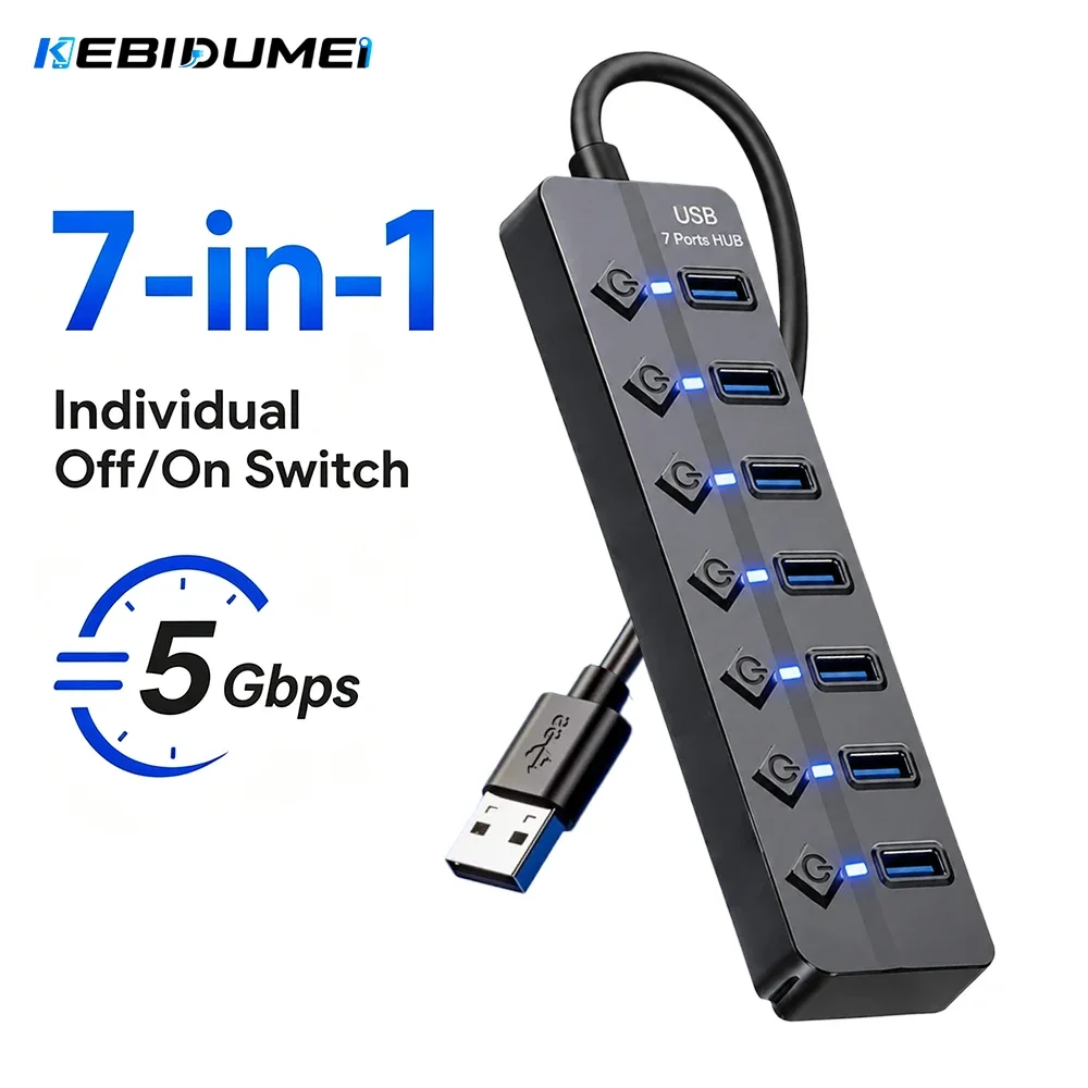 KEBIDUMEI USB 3.0 Hub with Individual On/Off Switches 4/7 Port Multi USB Splitter USB Hub 2.0 USB Expander Docking Stations