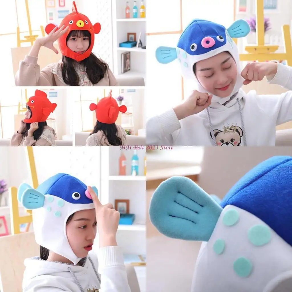 

49ME Cartoon Puffer Fish Animal Plush Hat Headgear Cap Party Dress Up Photo Prop
