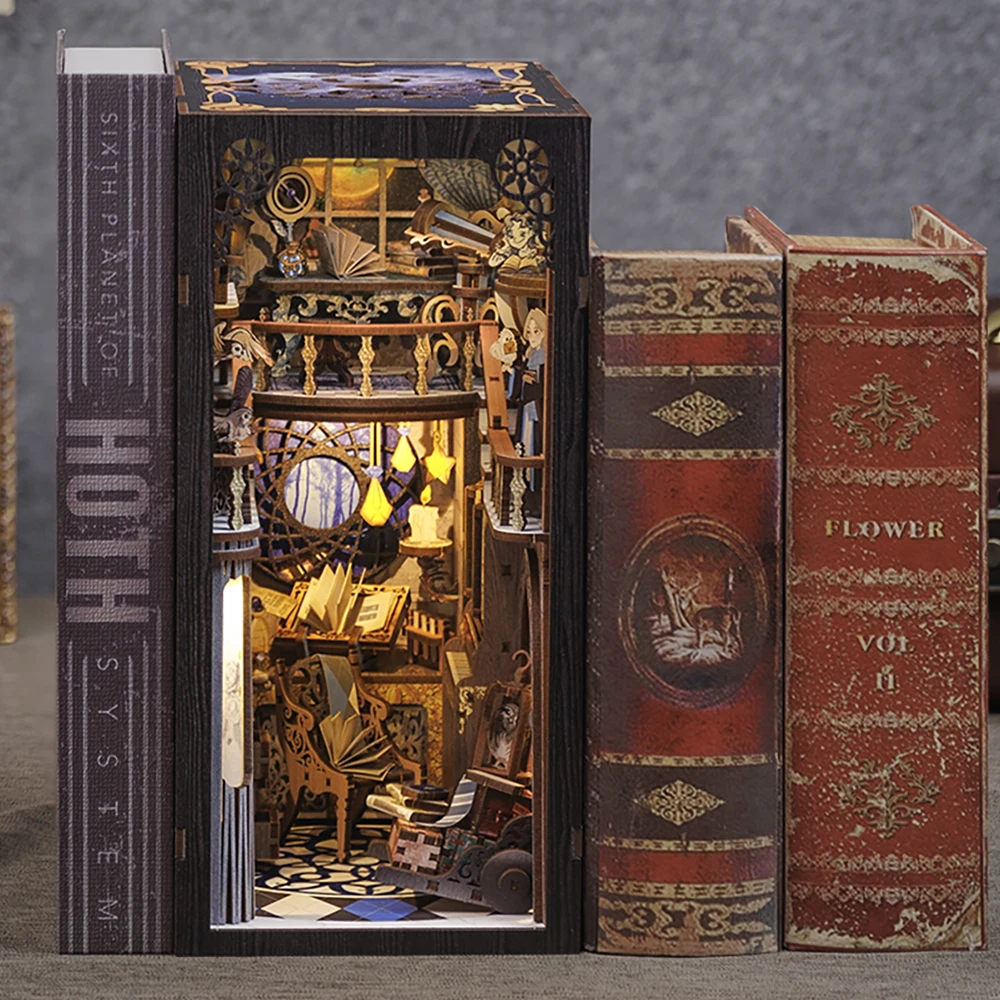 Cutebee 3D Wooden Dust-proof Bookend Suit Magic Dollhouse  Book Nook Miniature Bookshelf with LED Touch Light and Dust Cover