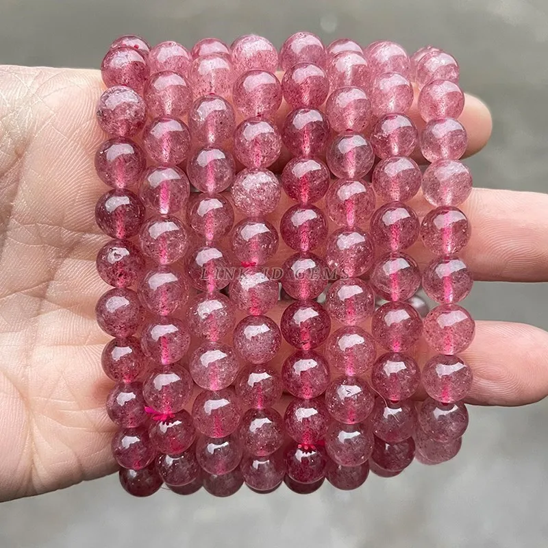 JD 3A Natural Brazil Strawberry Quartz Bracelets Women Fashion Red Crystal Clear Round Beads Lovers Strand Bangles Jewelry