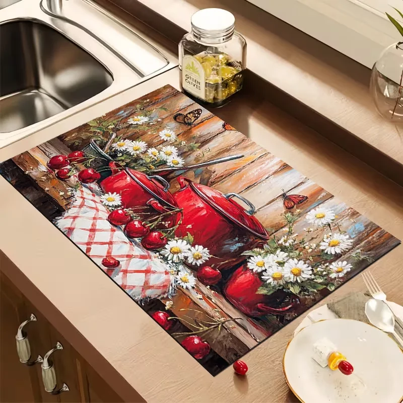 Vintage Oil Painting Cherry Daisy Dish Drying Mat Decor Kitchen Sink Countertop Pad Rustic Farmhouse Tableware Mat