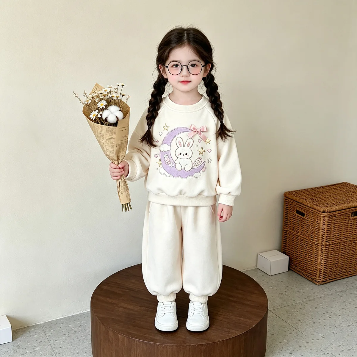 Mädchen Frühling Herbst Cartoon Sweatshirt-Set – Oberteil mit Hasen-Print & Hose mit Schleife, 2-teiliges Freizeitoutfit für Kinder – Detail 9