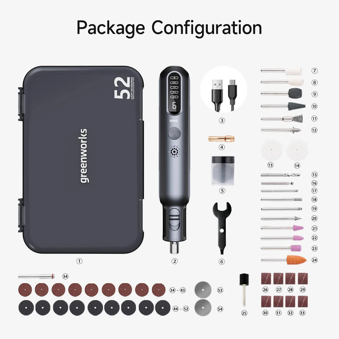 Szlifierka elektryczna litowa Greenworks z oświetleniem Inteligentny wyświetlacz HD 52 sztuk Akcesoria Pióro do grawerowania bitów o dużej mocy 80 W