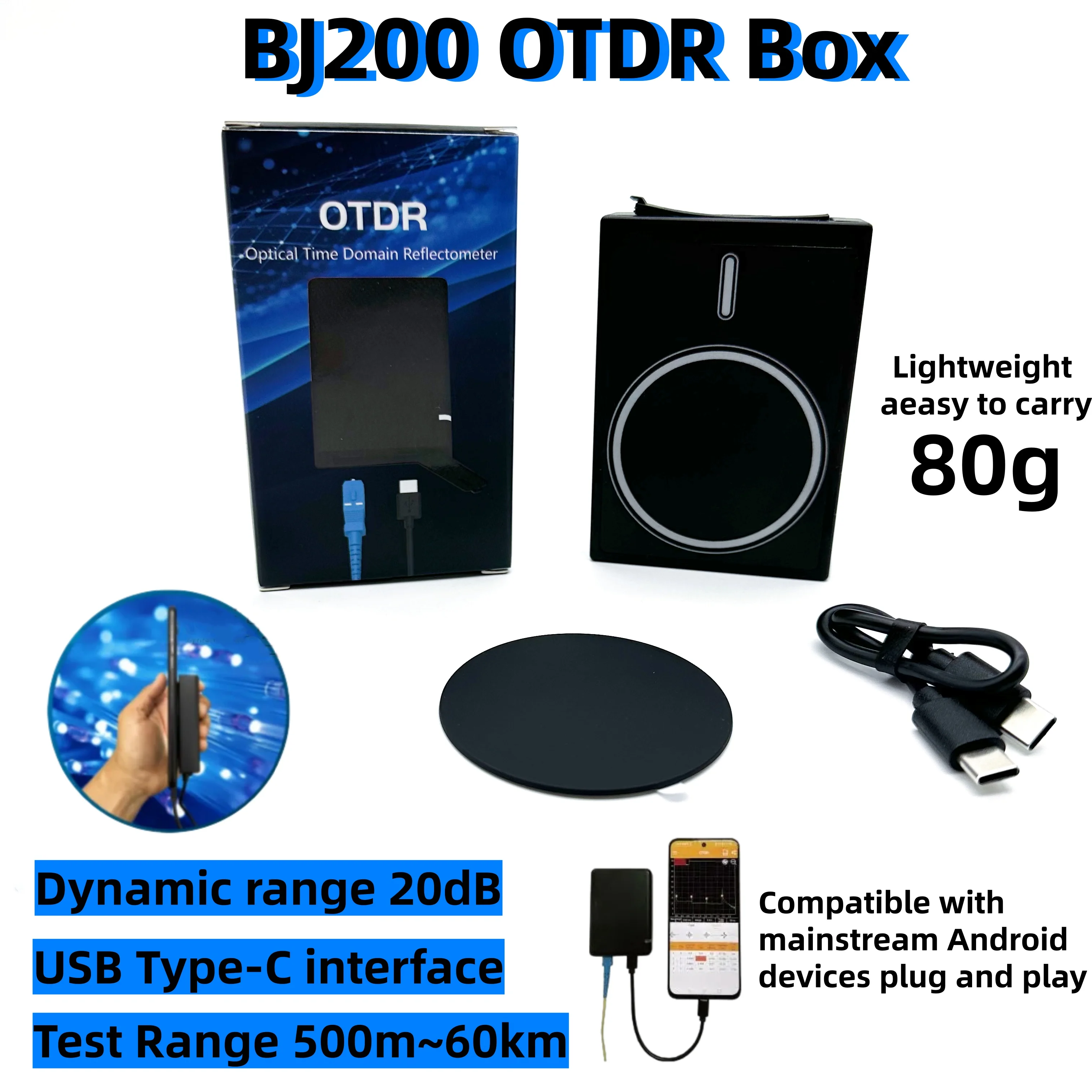 

OTDR-прибор BJ200 (1550 нм / 1650 нм) для тестирования оптоволокна в реальном времени, 20 дБ, USB Type-C, диапазон измерений 500 м–60 км, ширина импульса 3 нс–10 мкс, управление через приложение Android