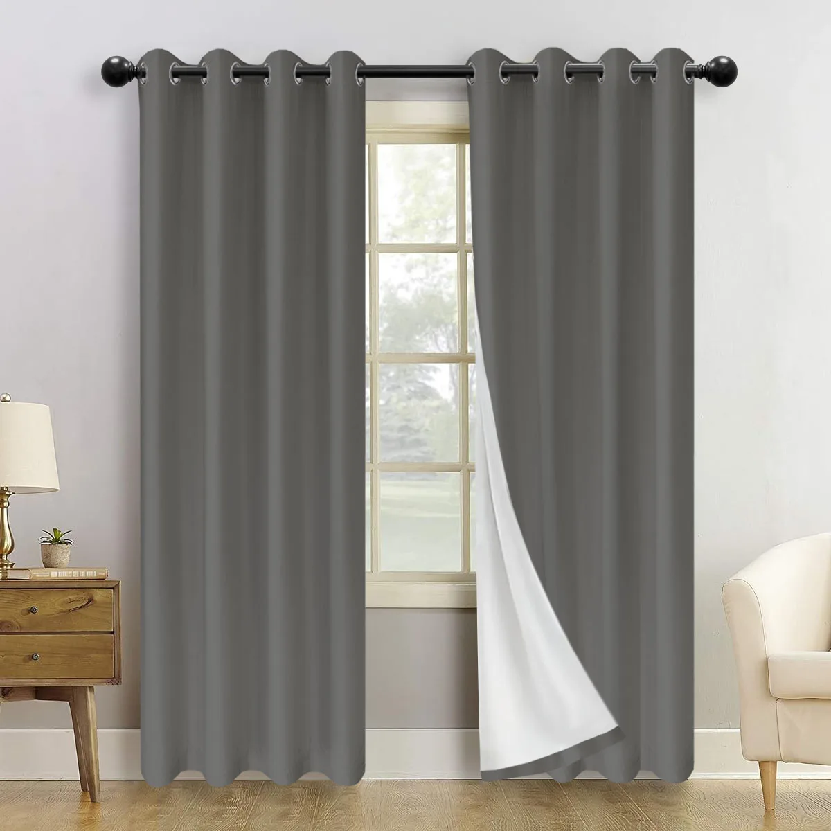 2PCS, Grommet Top, 100% Blackout Heat Insulation Sound Insulation Curtains With White Liner, Suitable For Bedroom  Living Room