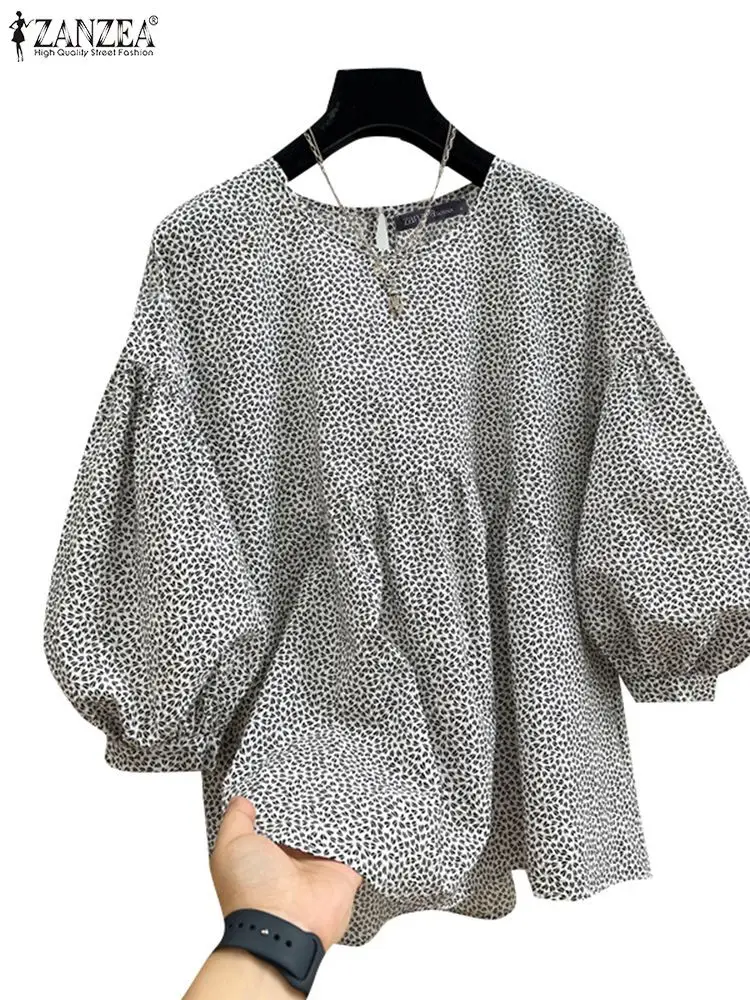 ZANZEA Casual Summer 2024 Pleating Tunic Holiday Patchwork Blusa Women Printed Simple Blouse Korean Fashion 3/4 Puff Sleeve Tops