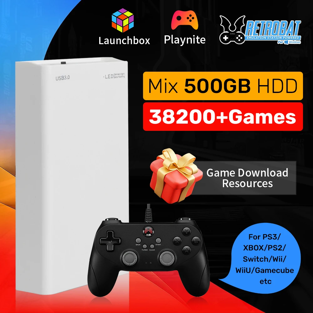 500GB Gaming HDD Retrobat & Launchbox & Playnite OS Retro Video Game Console for PS3/Switch/XBOX/PS2/Wii/WiiU with 38200+ Games