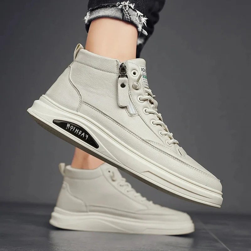 

New Men Autumn High Top Leather Casual Fashion Cotton Flat Ankle Boots Business Outdoor Shoes Man Sneakers