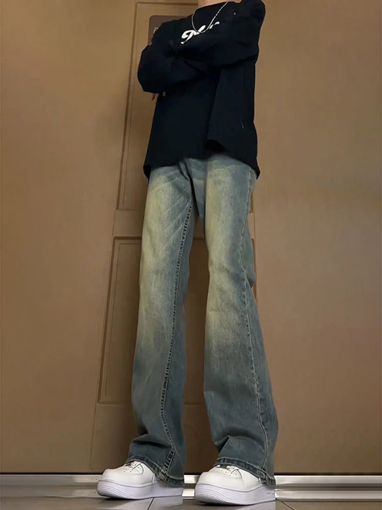 

Retro Blue Bell Bot Jeans Men's Spring Autumn High Waist Slim Straight Waed Wide Leg Pants Youth Trend Cotton Polyester ...