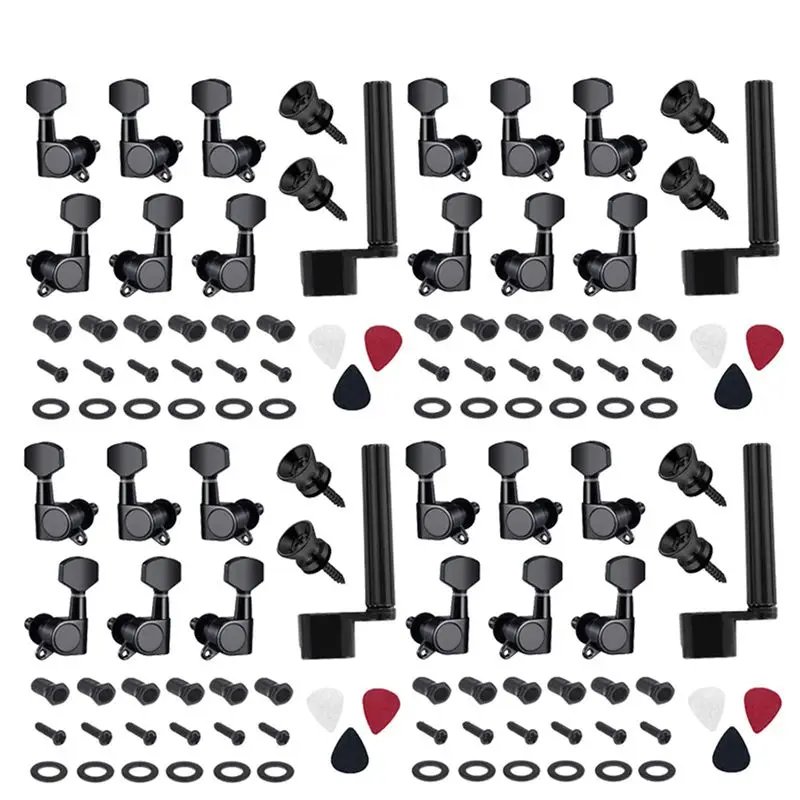 

ABUE-24 шт., колки для настройки гитарных струн, ключи, 3 левых, 3 правых, колки для гитарных машин, ручки с ремешком, кнопки, замки (черные)