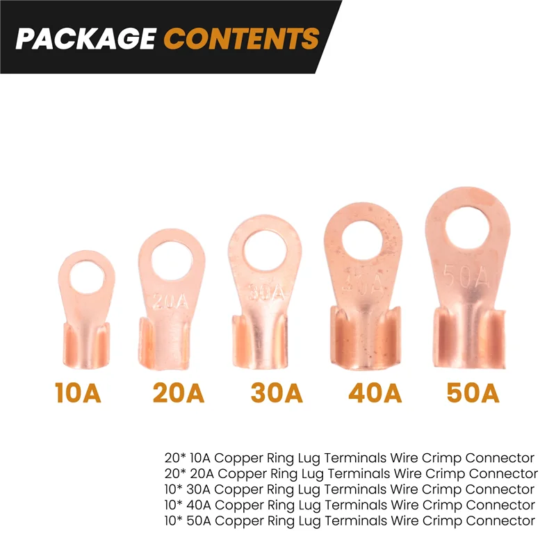 

-A96P Open Barrel Copper Ring Lug Terminals Wire Crimp Connector Assortment Kit OT 10A 20A 30A 40A 50A (Pack Of 70)