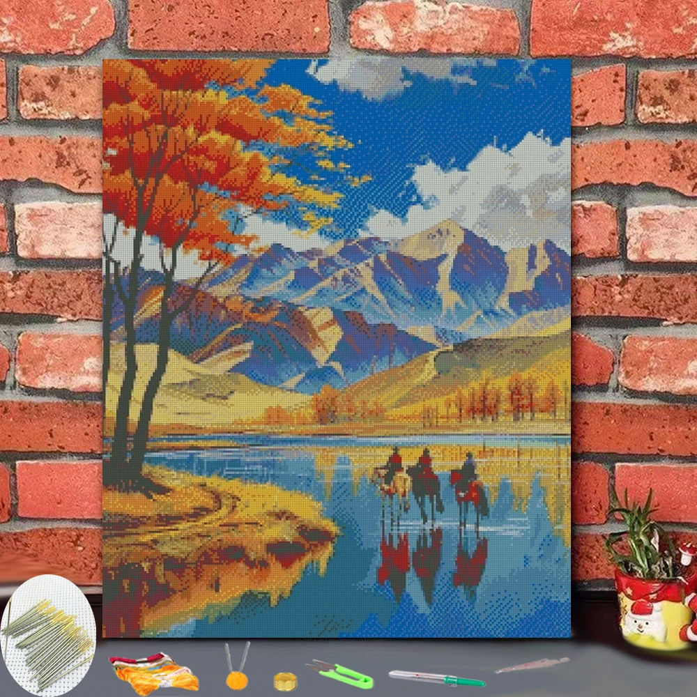 Cross Stitch Embroidery  Autumn mountain river horse rider Art Style Thread Chart DIY Needlework Kit Count Print on Can