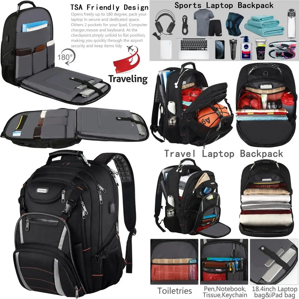 

Large 18.4 Travel Laptop Backpack with USB Port, Water-Resistant, TSA-Friendly, Unisex for Notebooks & Basketball