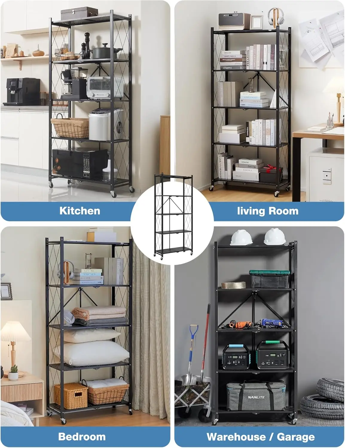 70.7" H Metal Storage Shelves, 5 Tier Folding Storage Shelves on Wheels, Heavy Duty Collapsible Shelving Unit, No Assembly Stora