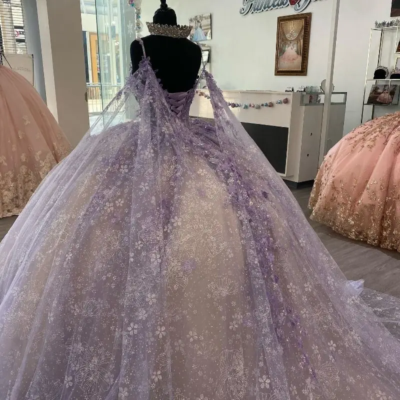 Lorencia Lilac Shiny Princess Quinceanera Dress With Cape Applique Beading Corset Sweet 15 16 Dress Vestidos De XV Anos YQD398