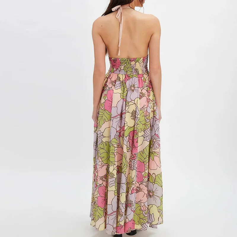 เดรสวินเทจลายดอกไม้แบบผูกคอ ชุดราตรีเซ็กซี่เปิดไหล่ เอวสูง จับจีบ ชุดเดรสเปิดหลังทรงสวิงสุดอินเทรนด์ ชุดเดรสไปทะเลสำหรับผู้หญิง