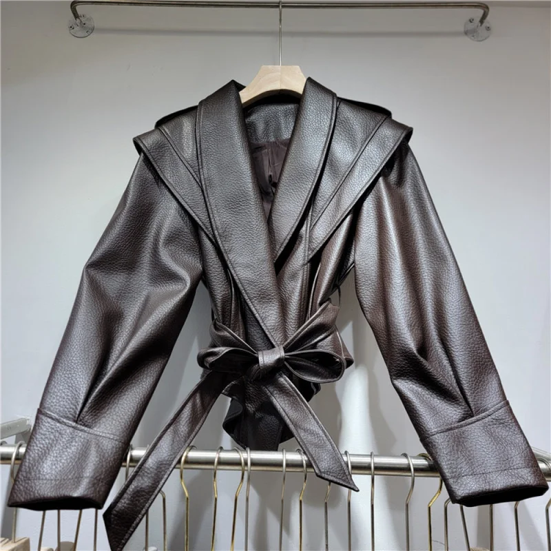 QICHE Women Retro Faux‑Leather Jacket Litchi‑Grain Tie‑Waist Design Soft Casual Outerwear For Autumn