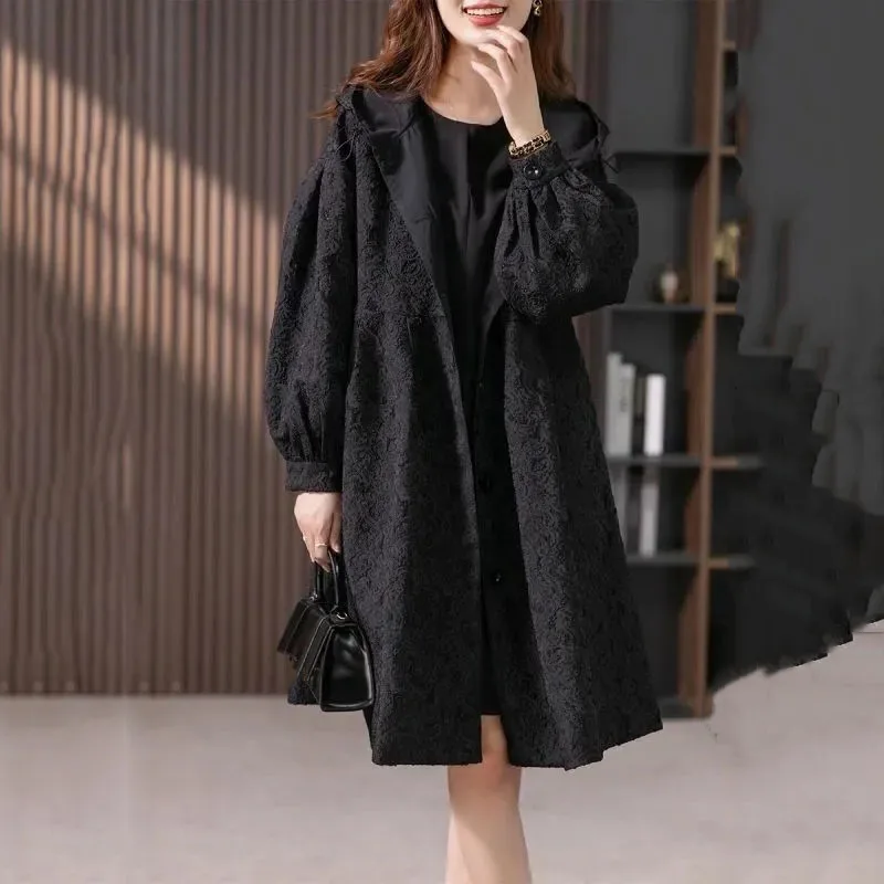 

2025Spring Autumn New Jacquard Windbreaker Coat Women Fashion Mid Long Trench Jacket Female Casual Single-breasted Outerwear Top