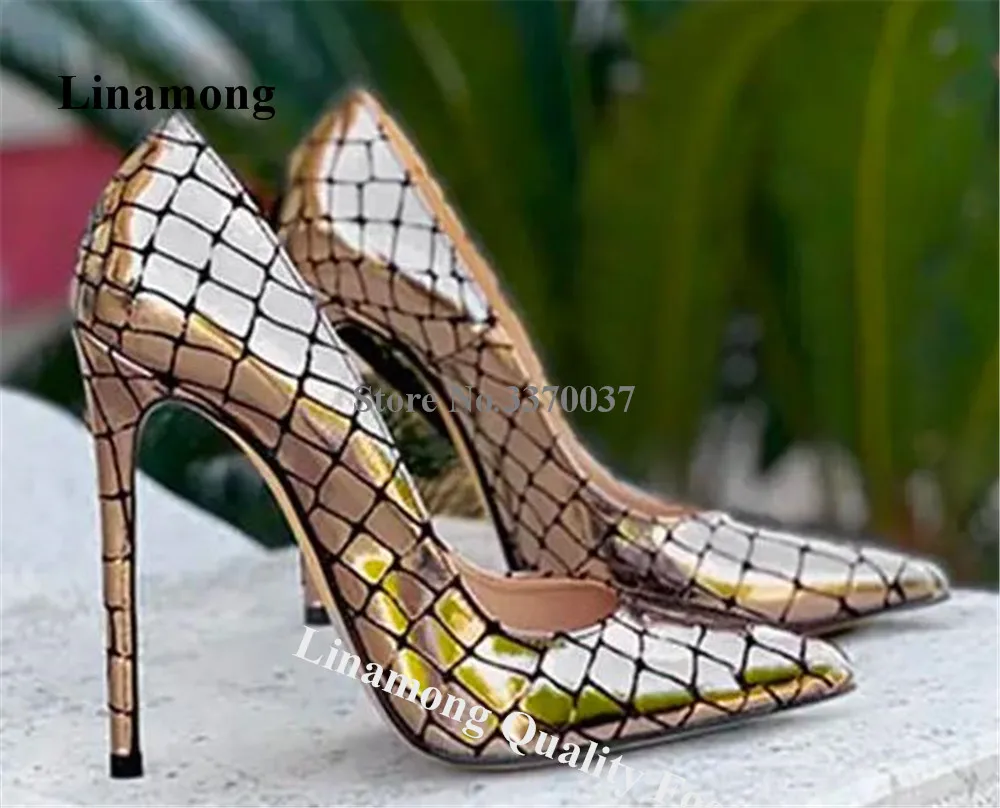 Linamong Gold Silver Checkered Pattern Leather 12cm Pumps Pointed Toe Slip-on Metallic Snakeskin Stiletto Heel Wedding Shoe