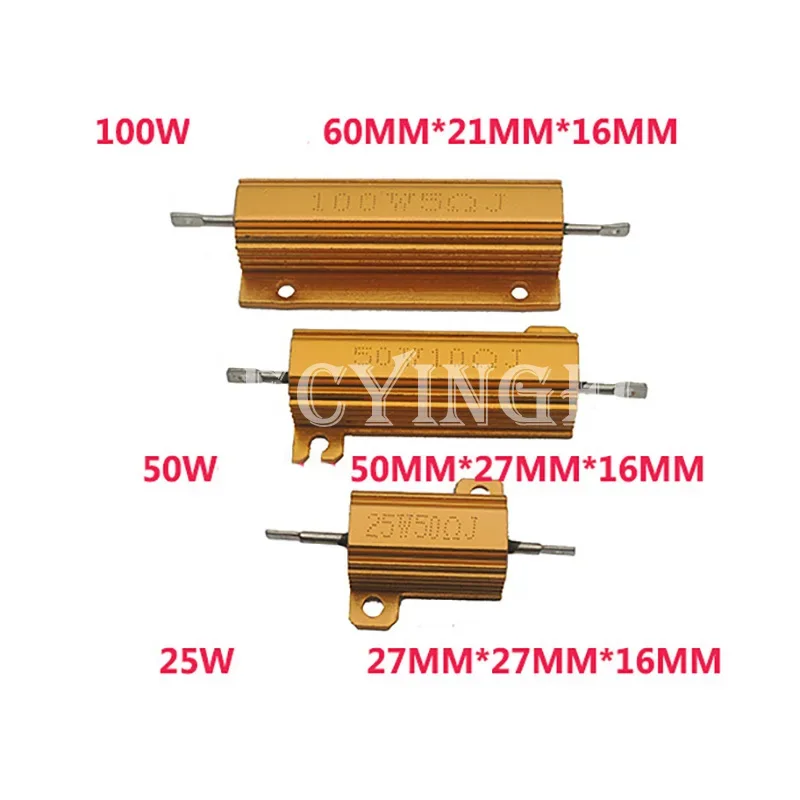 RX24 100W 50W Watt Power Metal Shell Aluminium Gold Resistor 1R 2R 3R 4R 5R 6R 8R 10R 15R 20R 30R 40R 100R 200R 220R Resistance