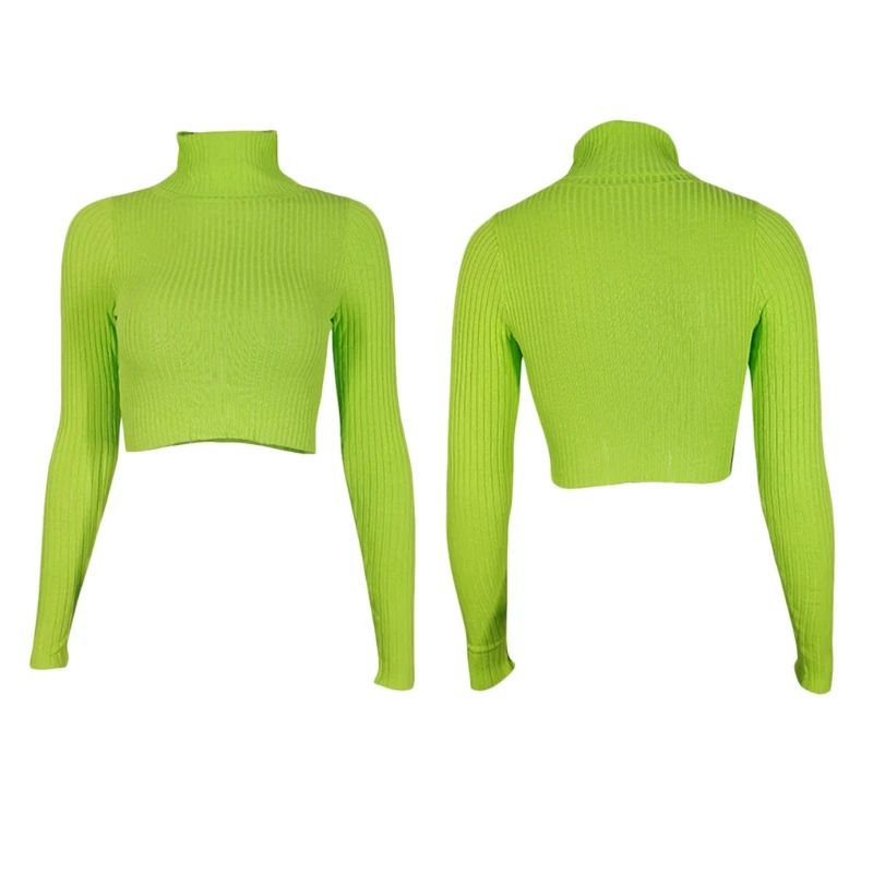 Women Long Sleeve Turtleneck Sweater Ribbed Knit Green Bodycon Crop Top