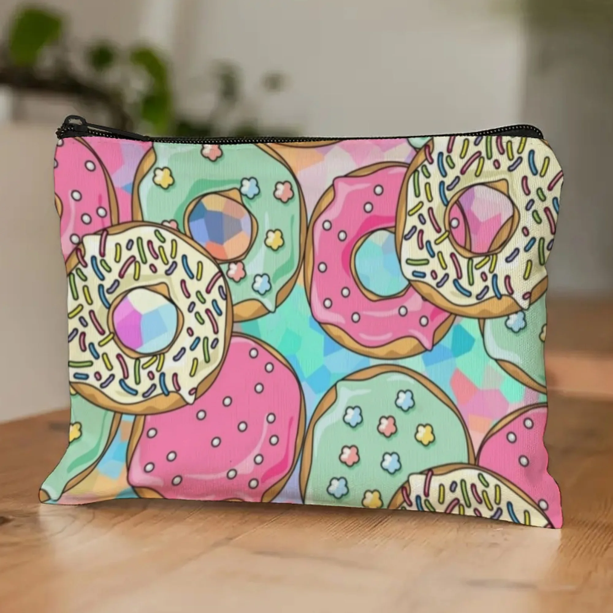 Bolsa de cosméticos de viaje con estampado de Donut de dibujos animados divertidos, bolsa de almacenamiento de maquillaje para mujer, billetera portátil, bolsa de dulces para aperitivos, regalo de fiesta