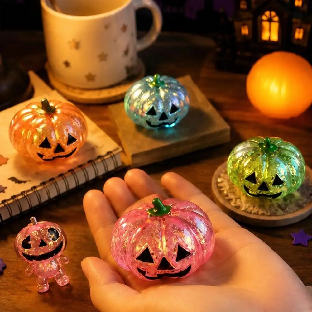 Cute Halloween Pumpkin Squishy Toy Transparent Glitter Fidget Squeeze Toy Stress Relief Ornament Home Party Decoration Present