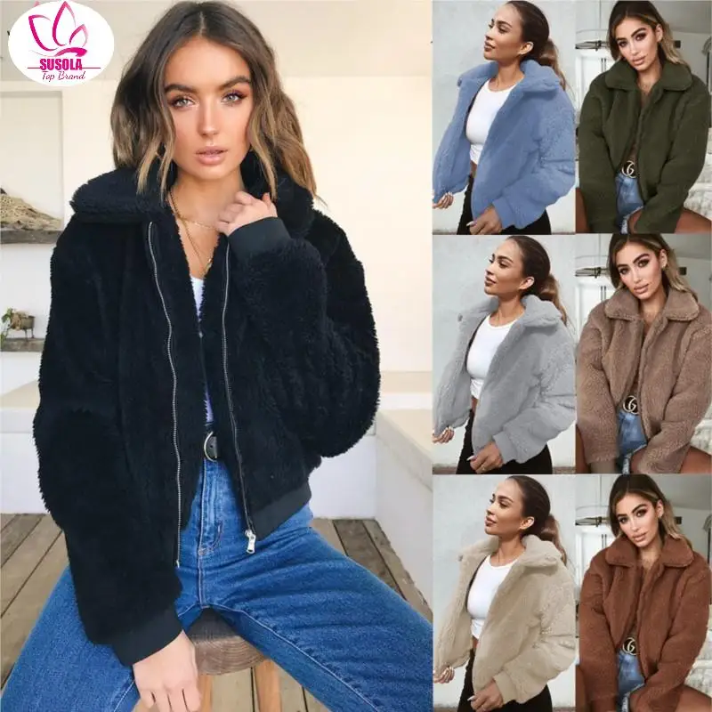 

SUSOLA Womens Jacket Warm Artificial Wool Coat Trend Winter Zipper Parka Outerwear Trend Autumn Casual Warm Cashmere Zip Jackets