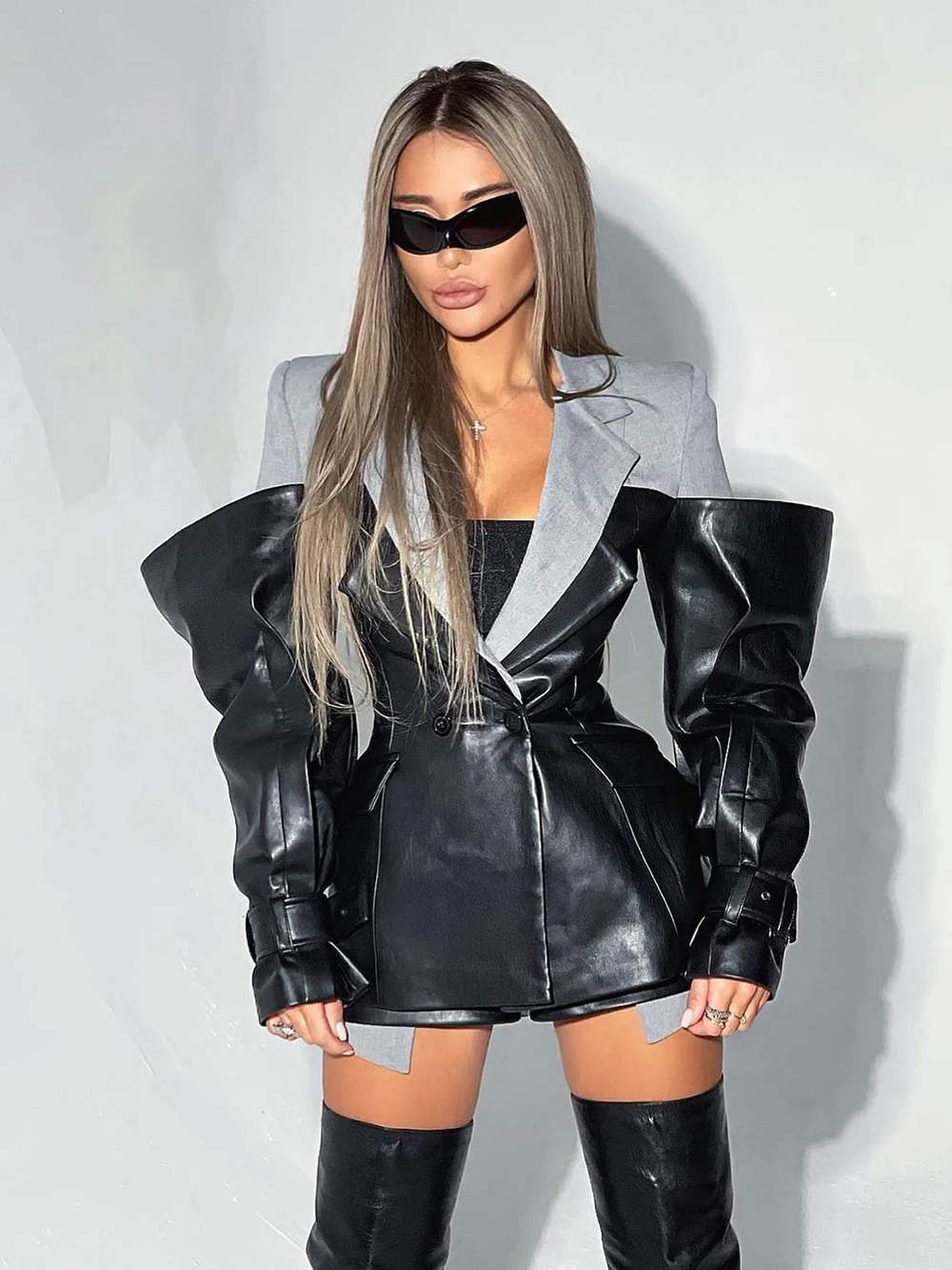 

Modphy из искусственной кожи в стиле пэчворк контрастного дизайна, тонкий костюм, пиджаки для женщин, пальто с зубчатым воротником и длинными рукавами, женская одежда, стиль