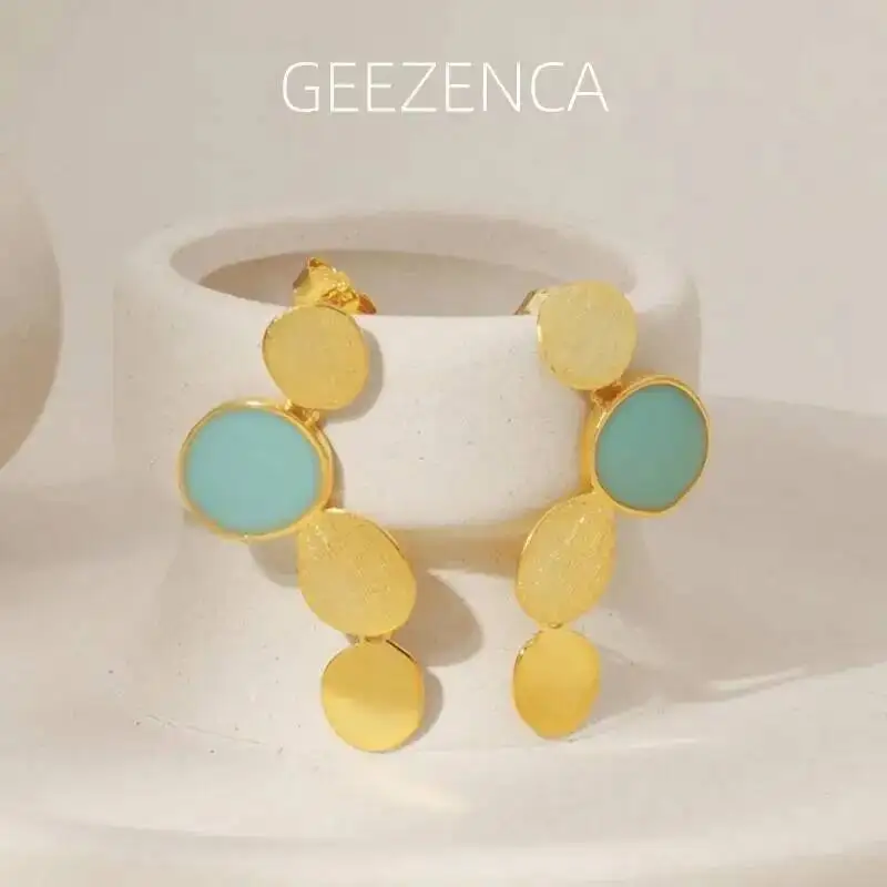 

GEEZENCA 925 Sterling Silver Colorful Copal Dangle Earrings Women Resin Original Design Round Geometric Chic Earring 2023 New