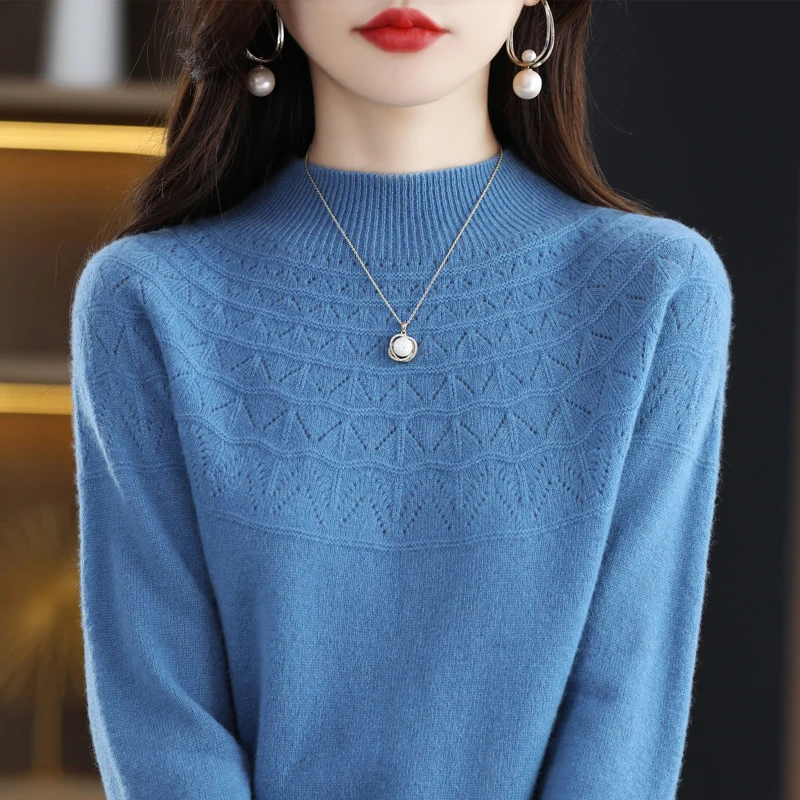 New 100% pure wool single-thread ready-to-wear hollow women\'s pullover semi-high collar cashmere sweater solid color