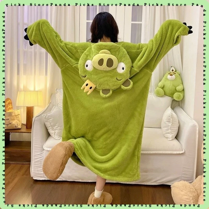 Pijama con capucha para mujer King Pig, de dibujos animados, de forro polar coral, grueso, cálido, divertido, bata de dormir, ropa cómoda para estar en casa o para usar al aire libre