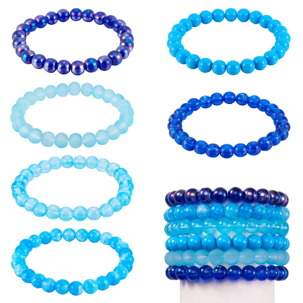 

6Pcs 8mm Round Beaded Stretch Bracelet Sets Glass Blue Beade Bracelets Bangles Set For Women Men Jewelry Gitfs