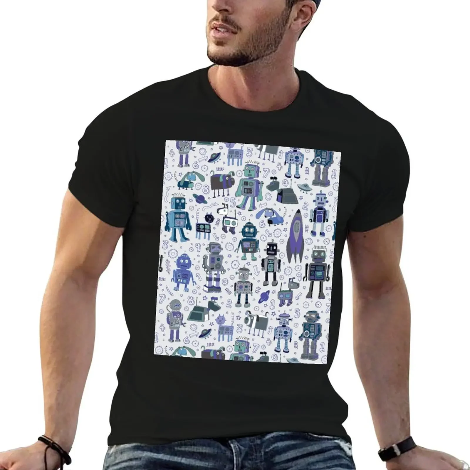 

Robots in Space - blue and grey - fun pattern by a Cecca Designs T-Shirt plus sizes plus size tops man clothes Men's t shirts