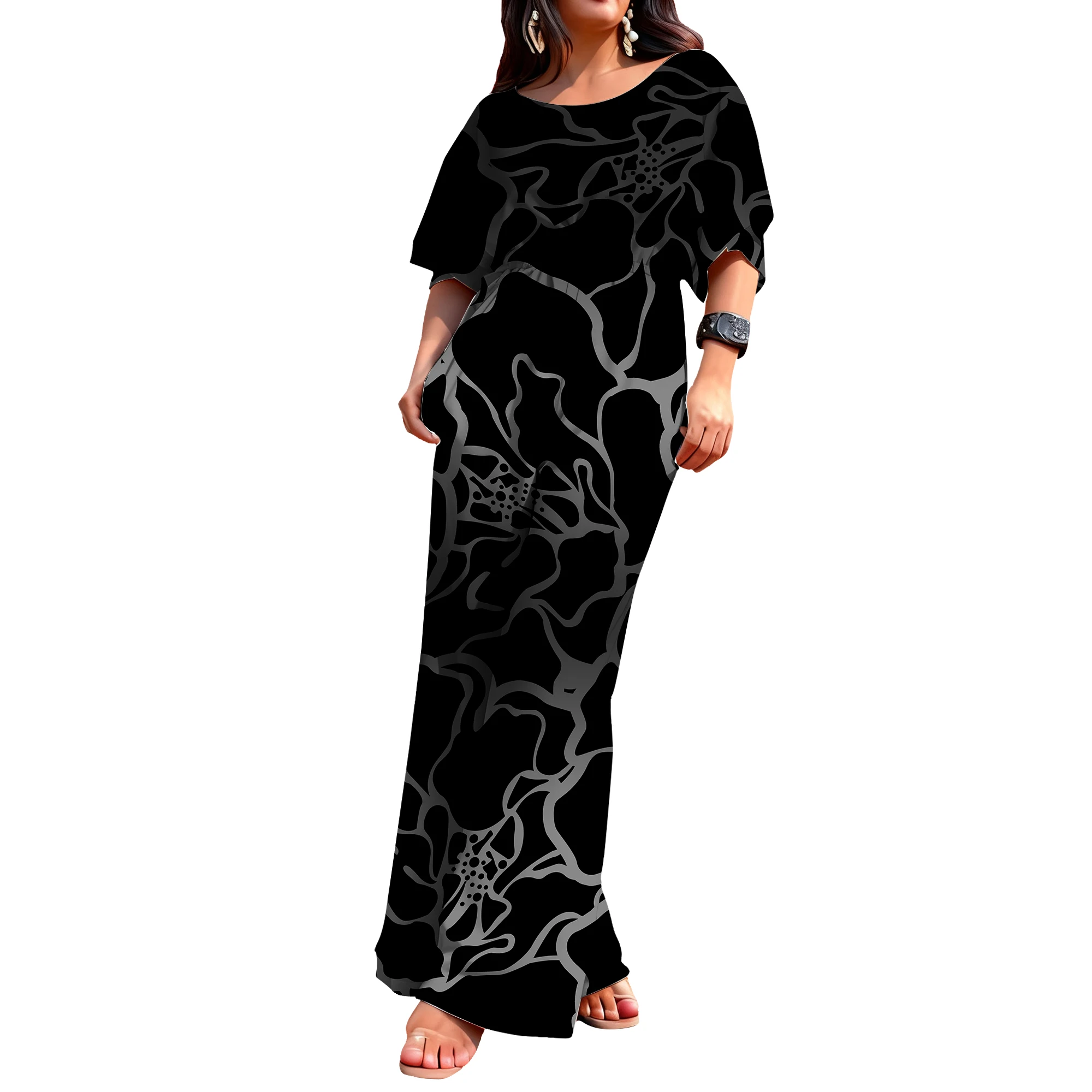 

Samoan Ladies' Simple Elegant And Versatile Floral Design Round-Neck Mid-Sleeve Jumpsuit Custom-Made Fijian Clothing