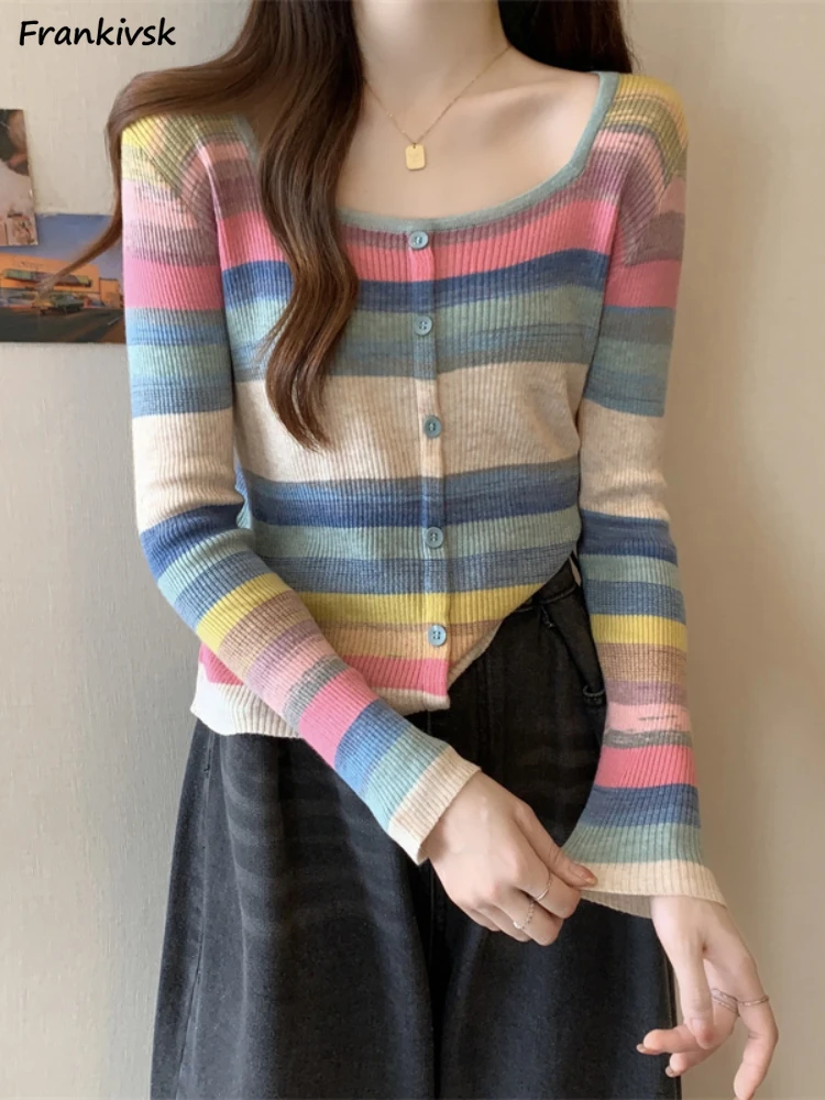 

Rainbow Cardigan Women Square Collar Japanese Style Slim Elegant Fashion Daily Youthful Vitality Colorful 2023 Harajuku Retro