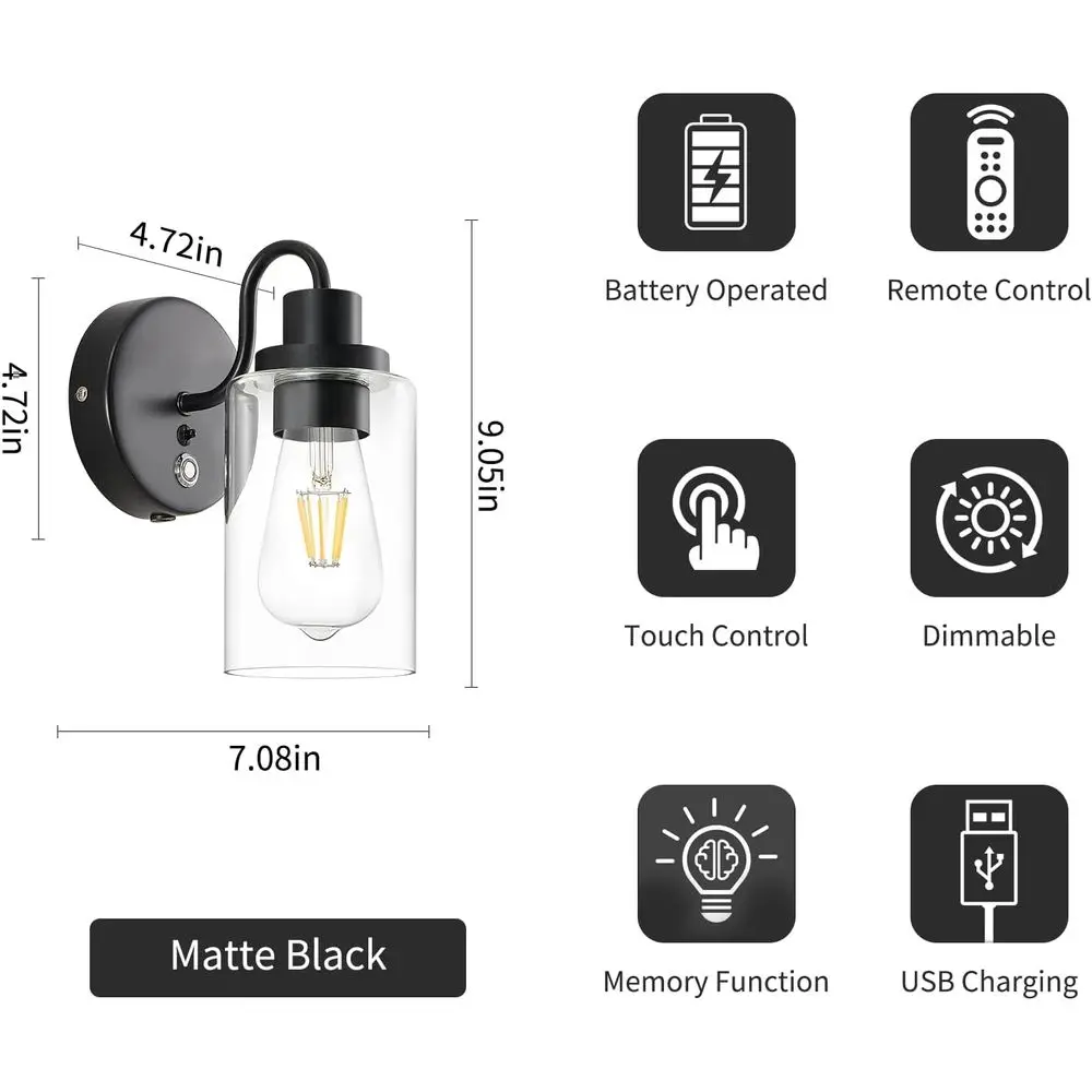 Set 2 Lampu Dinding LED Hitam Bertenaga Baterai dengan Remote, Bohlam 3 Suhu Warna, Lampu Dinding Tanpa Kabel yang Dapat Diredupkan untuk Rumah D