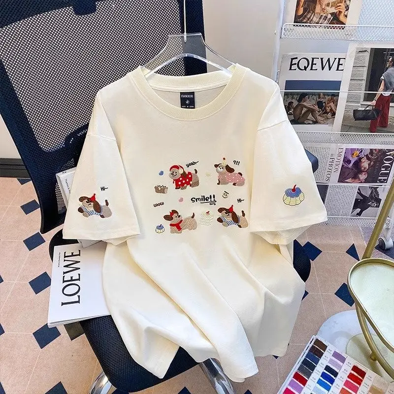 

Women Clothing Loose Embroidery Pure Cotton Short Sleeve T-shirt Summer Fashion Casual Y2k Chic Puppy Top Pullovers