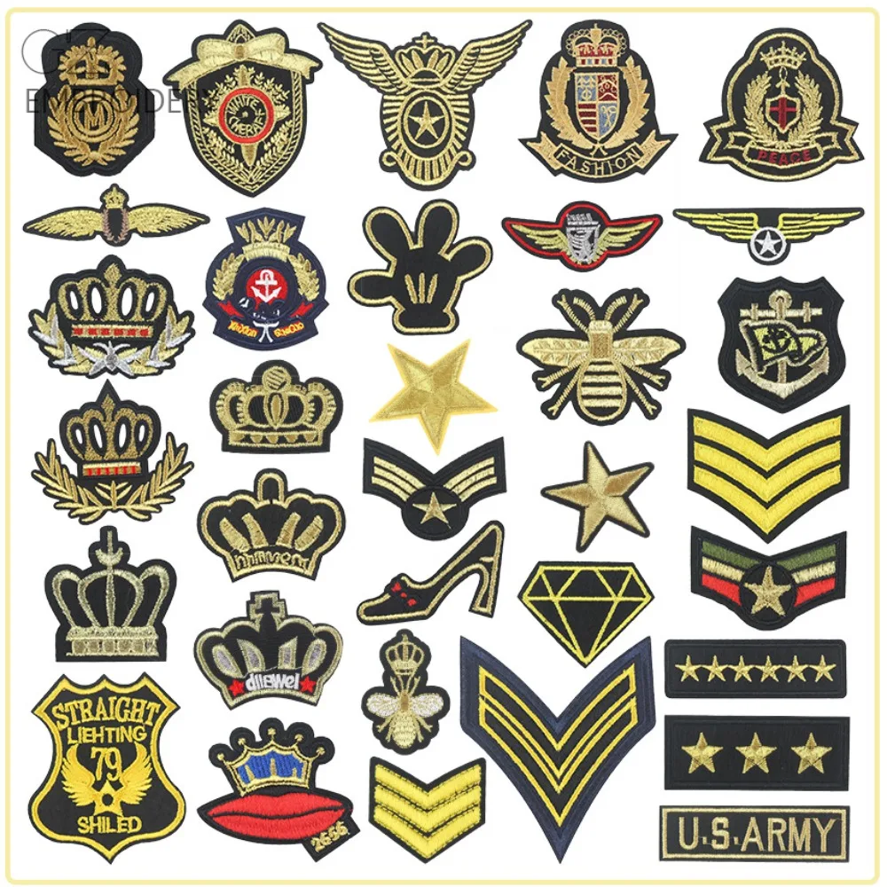 

Crown Gold Thread Embroidery Patch Cloth Label Badge School Uniform Armband Decoration DIY Iron on Patches Stickers Appliques