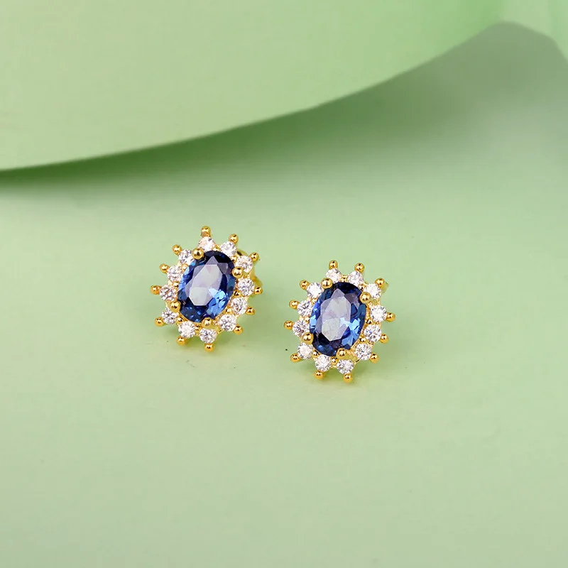 Royal Blue Lab Diamond Zircon Exquisite Elegant Earrings for Women Wedding Band Ear Stud Gold Color Vintage Jewelry Accessories